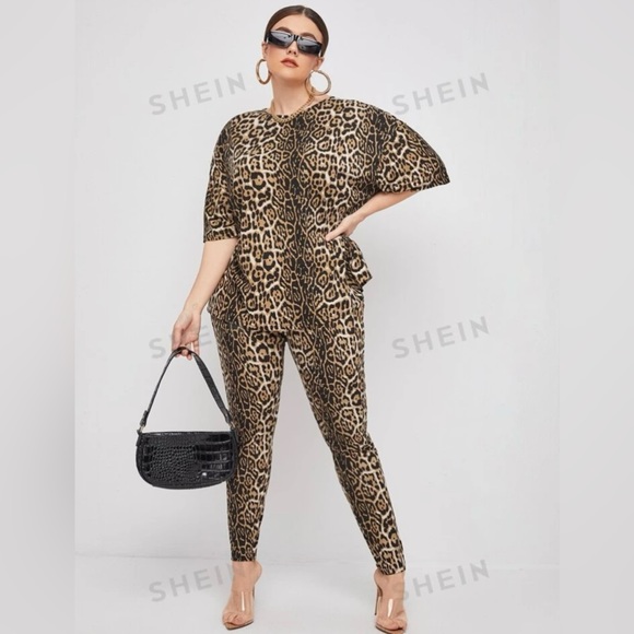 Women’s set (SHEIN Unity Plus Leopard Drop Shoulder Tee & Leggings Set) - Picture 1 of 2